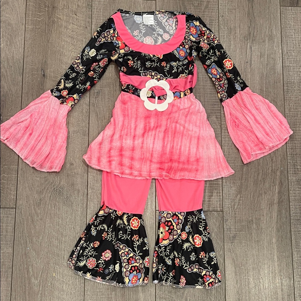 Hippie 60s 70s Floral Halloween Kids Dance Costume with Pink and Black Accents